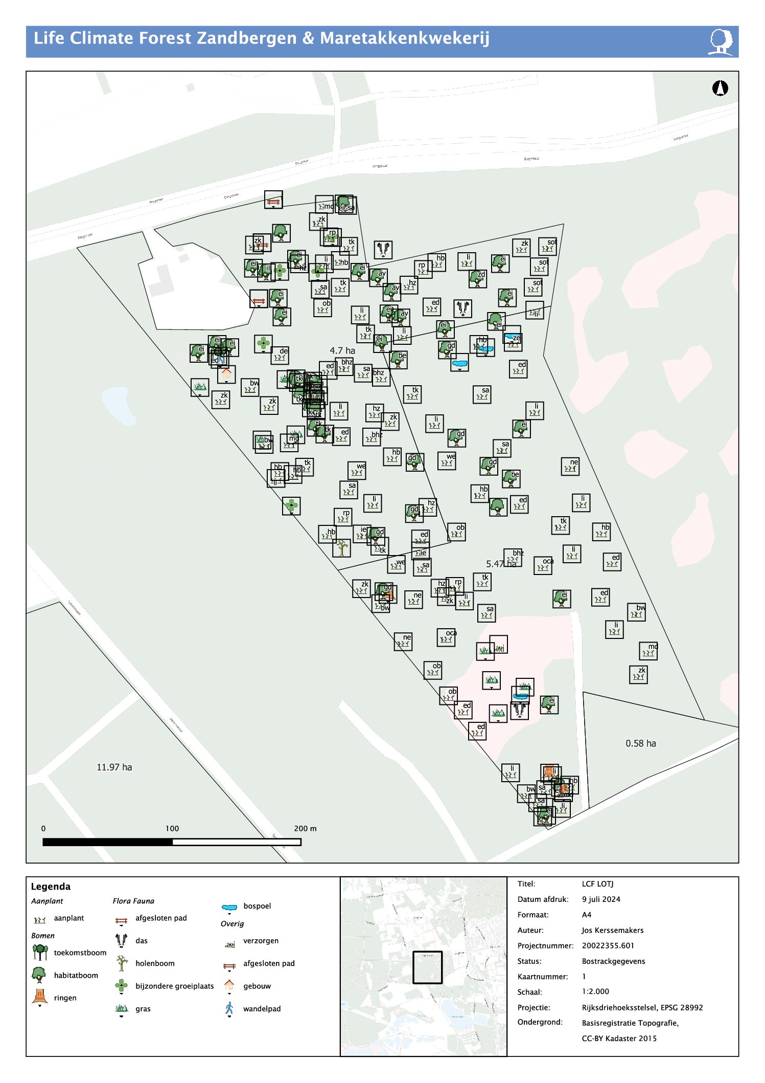 Bostrack kaart Zandbergen en Maretakkenkwekerij